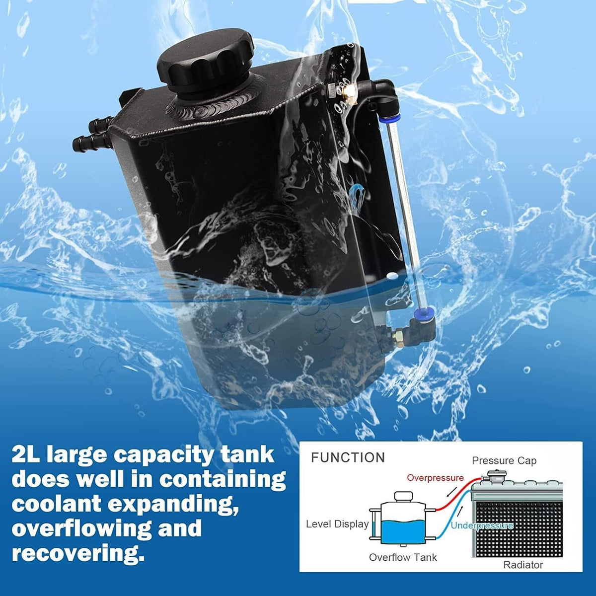 Solidspare Black 2L Radiator Coolant Overflow Water Bottle Expansion Reservoir Tank w/Cap