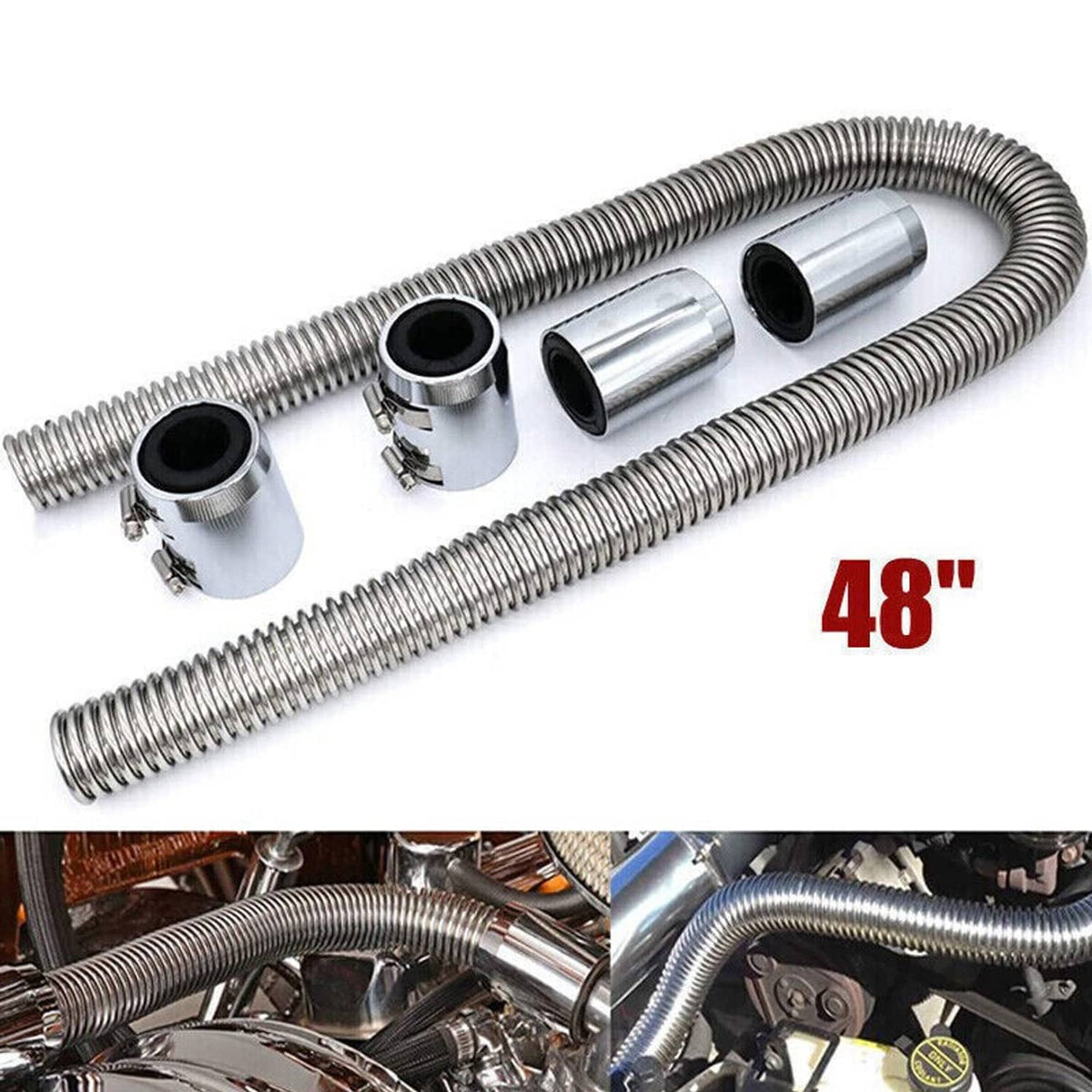 Solidspare Universal 48" Stainless Steel Radiator Flexible Coolant Water Hose W/ Caps Kit