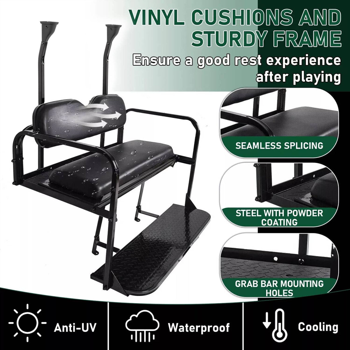 Solidspare Golf Cart Flip Rear Back Seat Kit Black For Club Car Precedent Tempo Onward 04+