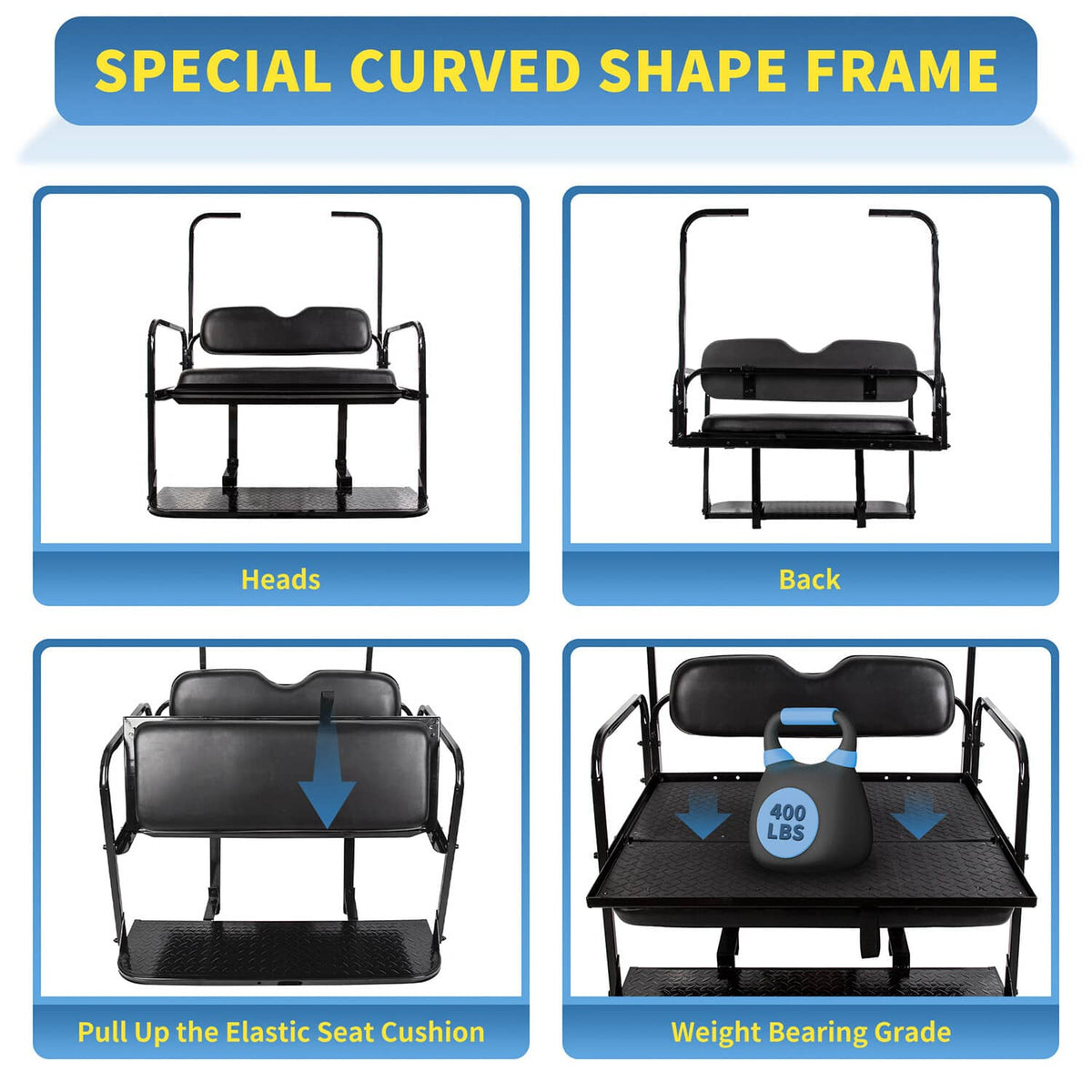 Solidspare Flip Folding Rear Seat Cushions Pad w/Roof Support For EZGO TXT 1995+ Golf Cart