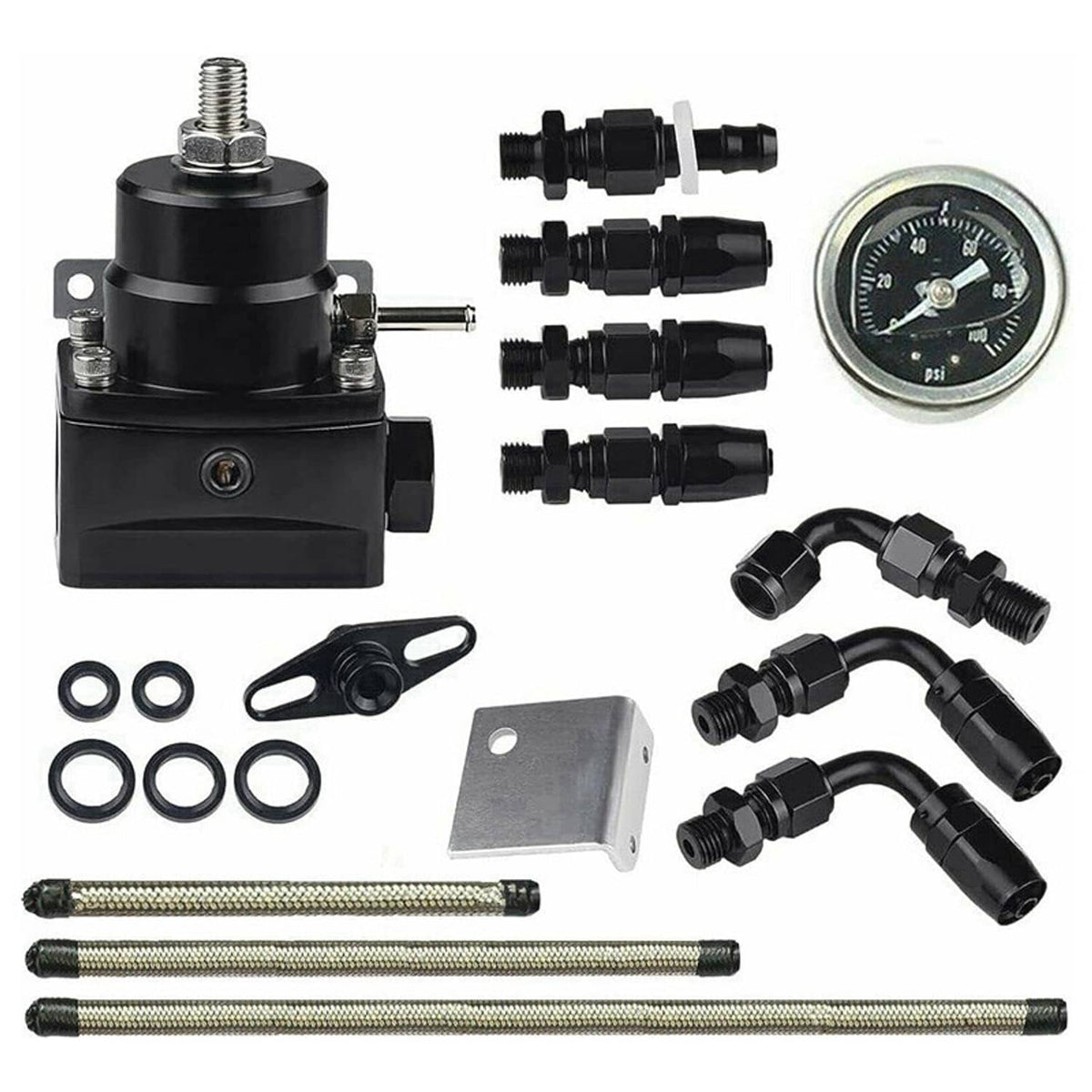Solidspare Universal Adjustable Fuel Pressure Regulator Kit 100psi Guage AN6 Fitting Black