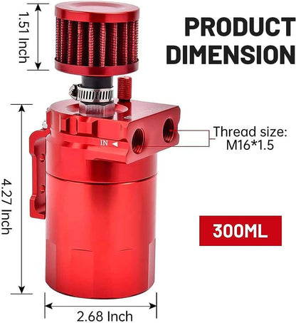 Solidspare Red New Oil Catch Can Kit Reservoir Baffled Tank with Breather Filter Universal