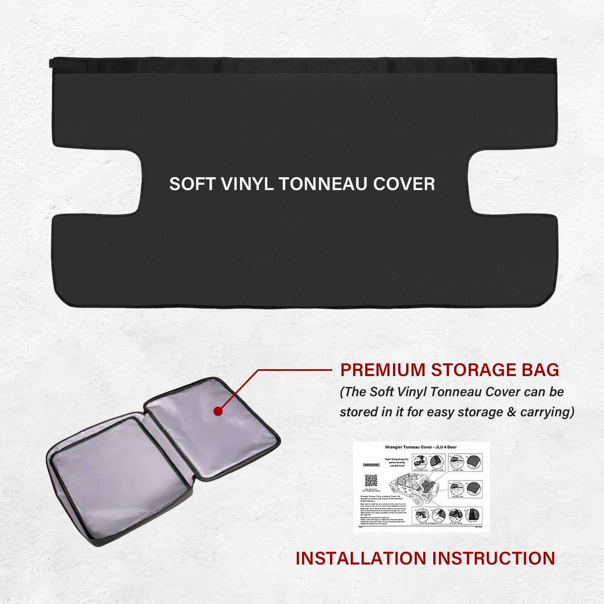 Solidspare Soft Vinyl Tonneau Cover 4-Door Rear Trunk Sunshade Fits Jeep Wrangler JLU 2018+