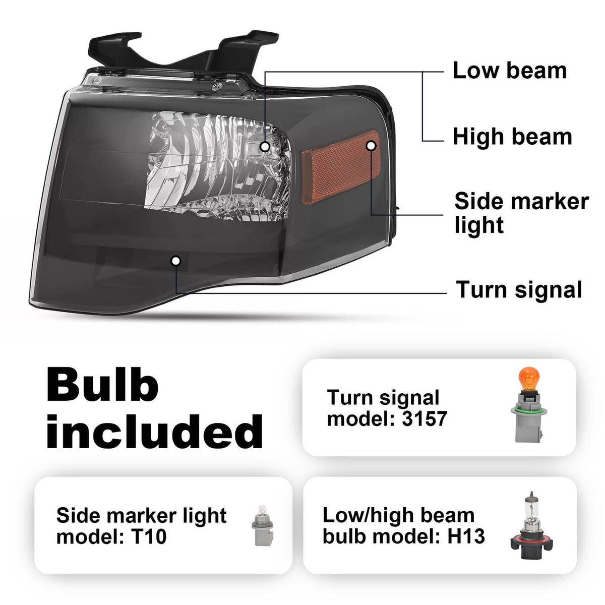 Solid Spare Left For Ford Expedition 2007-2014 Headlight W/bulbs Amber Reflector 7L1Z13008DB