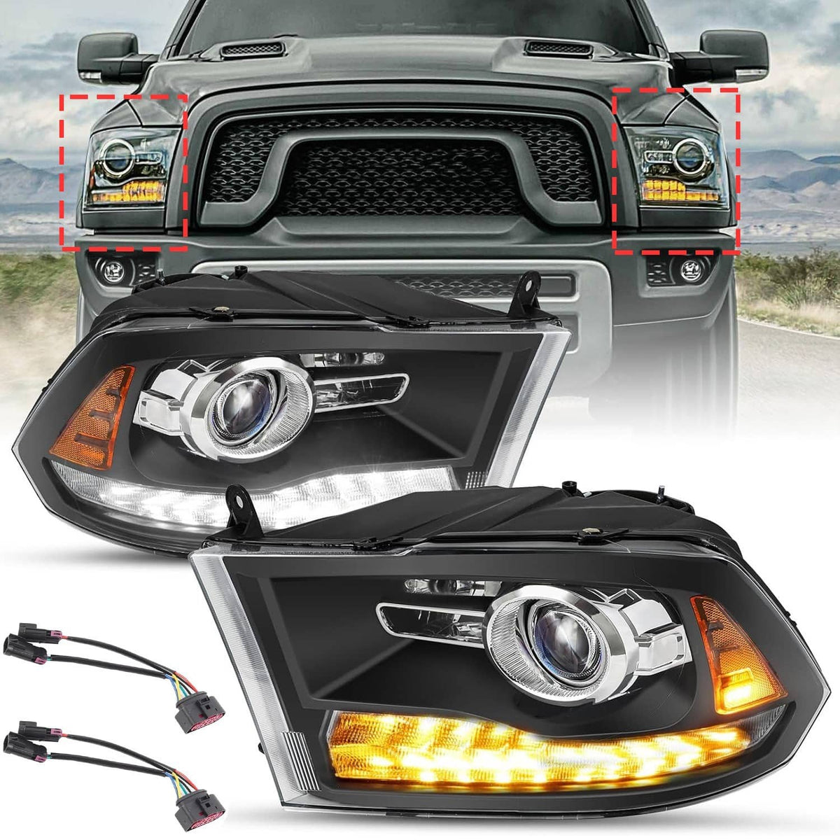 Solidspare For 2009-2018 Dodge Ram 1500 2500 3500 Black Projector Headlights with LED DRL