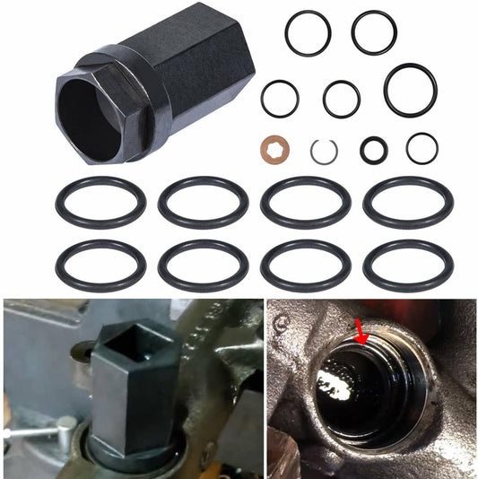 Solid Spare Oil Rail Ball Tube Socket Tool & O-Ring & Injector Seal Kit for 6.0L Ford 03-07
