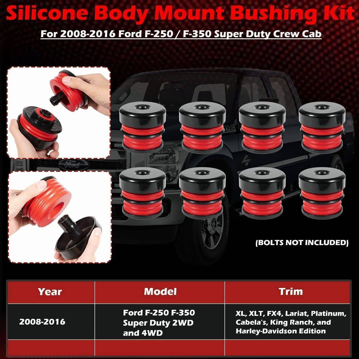 Solidspare New Silicone Body Mount Bushing Kit for Ford F250 F350 08-16 Super Duty Crew Cab