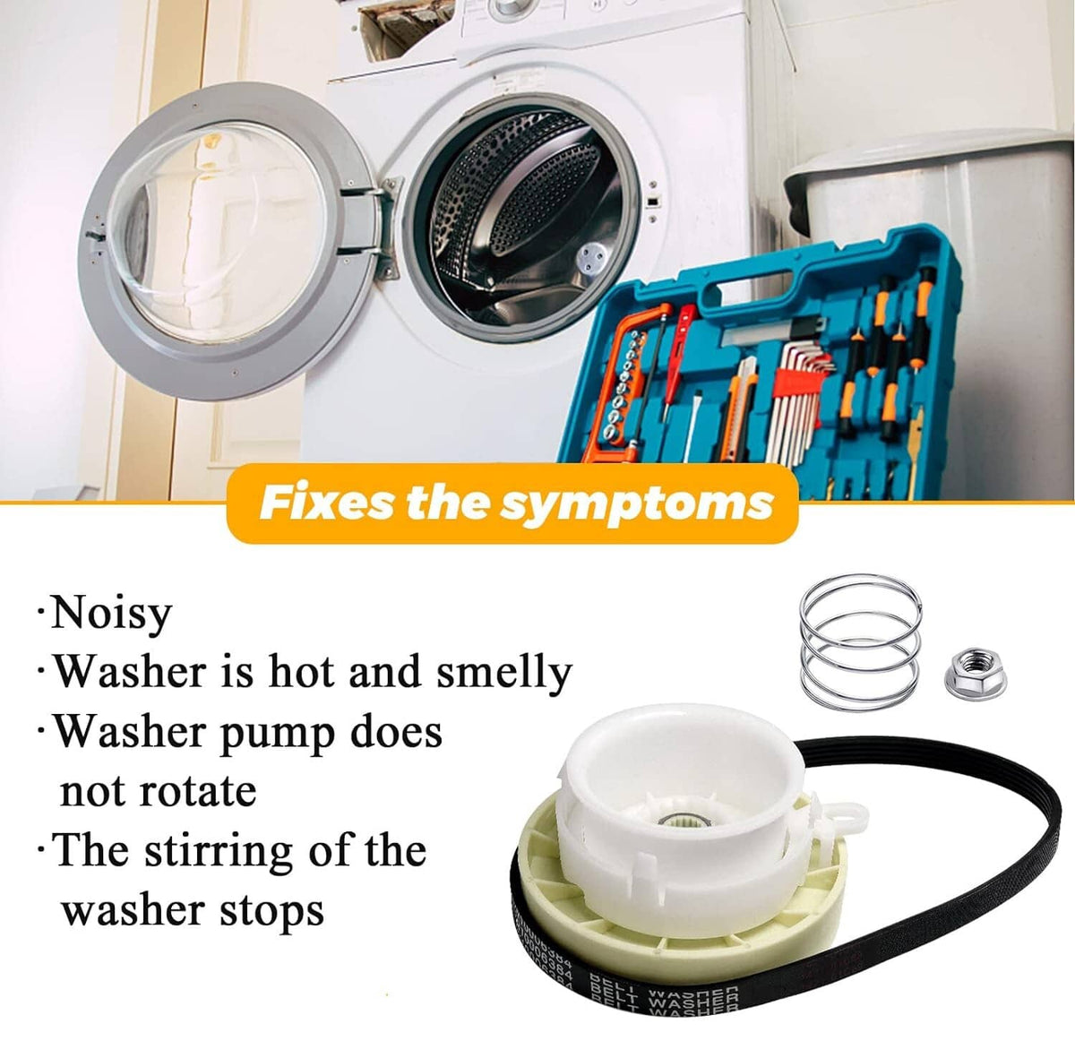 Solid Spare Washer Pulley Clutch Kit & Drive Belt for Whirlpool Kenmore Maytag