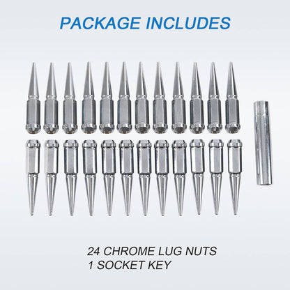 Solidspare 24 PCS M14x1.5 Spike Lug Nuts Chrome For Chevy Silverado Tahoe 4.4" Tall W/ Key