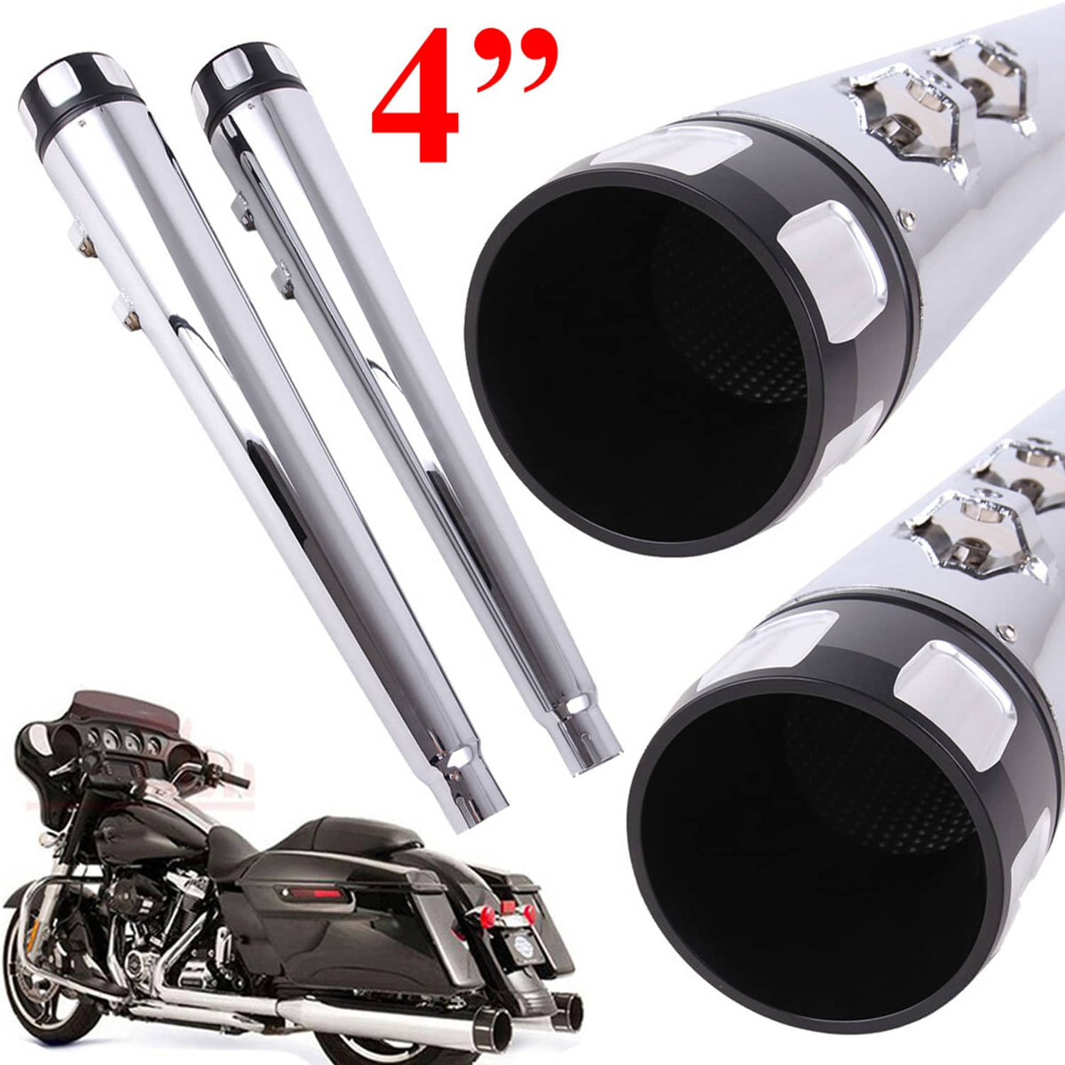 Solidspare 4" Megaphone Slip-Ons Exhaust Pipes Mufflers For Harley Electra Glide Road King