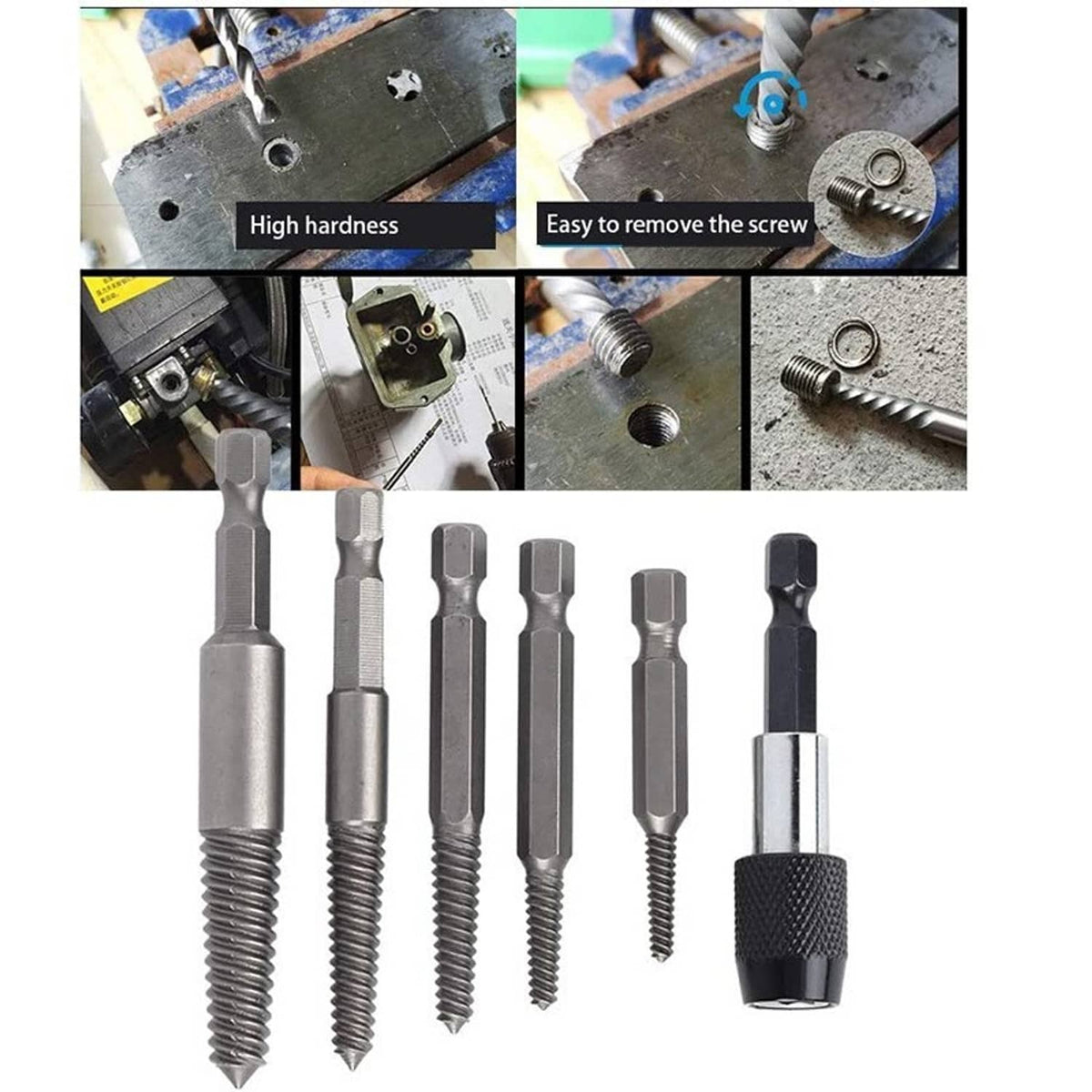 Solid Spare 6Pcs Stud Screw Extractor Remover 1/4 Inch Hex Shank Damaged Bolt Easy Out Tool