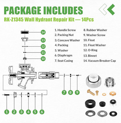Solid Spare RK-Z1345 Wall Hydrant Repair Kit for Zurn Z1345 Series Faucet 66955-198-9