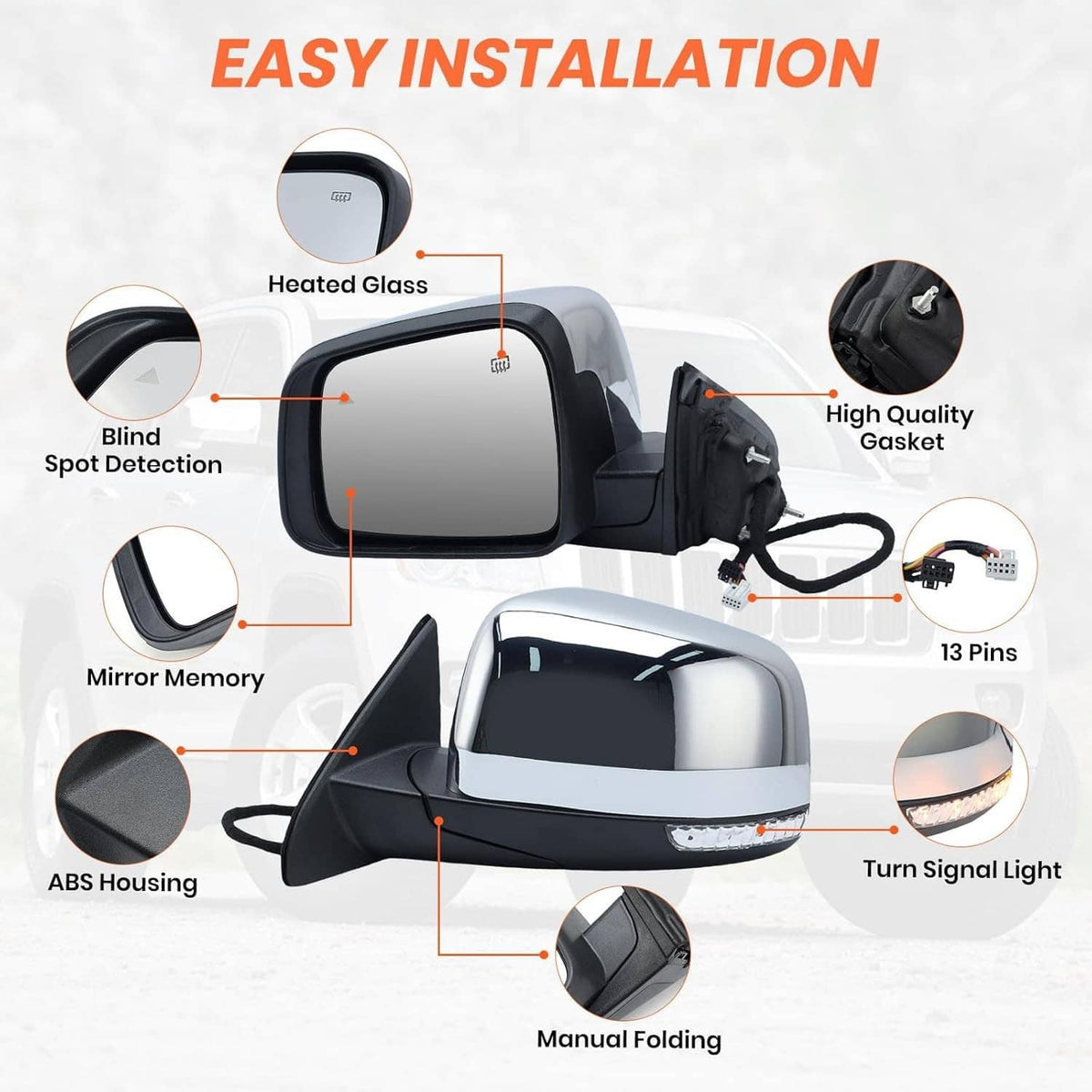 Solidspare Driver Side Mirror w/ Manual Folding Blind Spot For 2011-22 Jeep Grand Cherokee