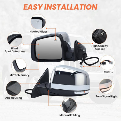 Solidspare Driver Side Mirror w/ Manual Folding Blind Spot For 2011-22 Jeep Grand Cherokee