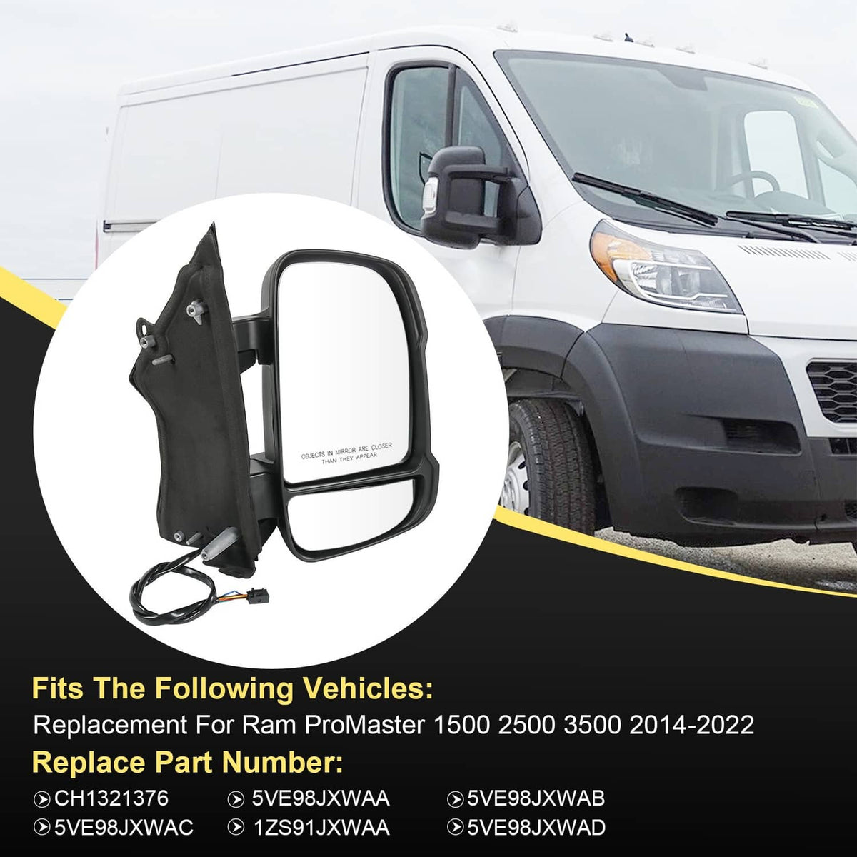 Solidspare Passenger RH Side Manual Door Mirror For 2014-2023 RAM PROMASTER 1500 2500 3500