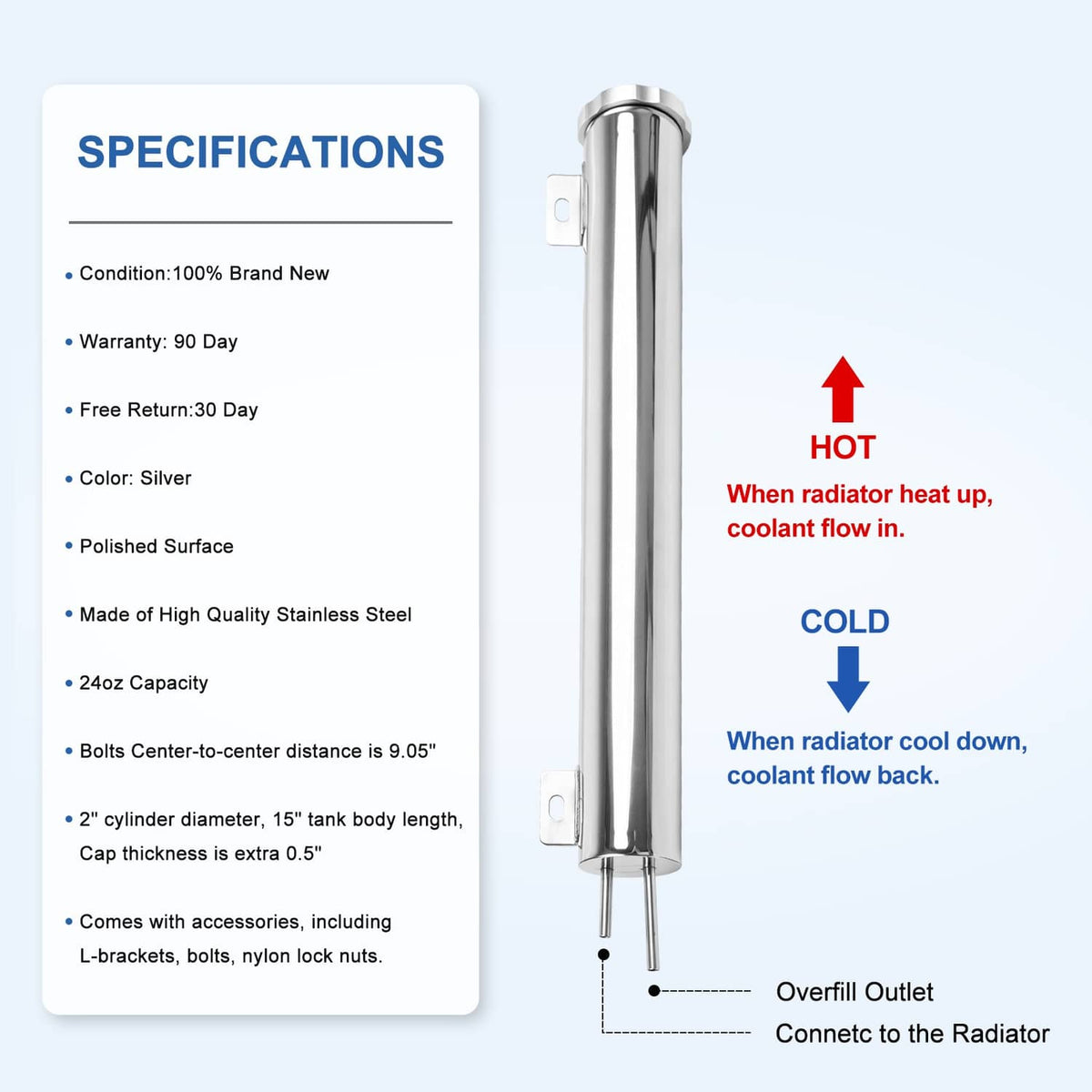 Solidspare 2" X 15" Polished Stainless Steel 24 Oz Radiator Dr Overflow Tank Bottle New