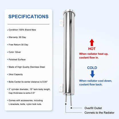 Solidspare 2" X 15" Polished Stainless Steel 24 Oz Radiator Dr Overflow Tank Bottle New