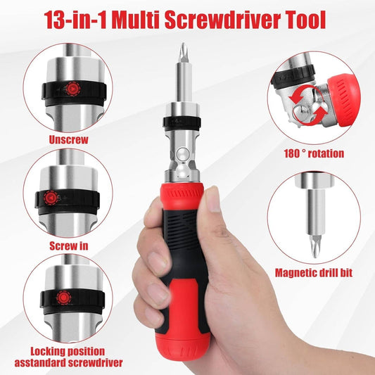 Solid Spare 13-in-1 Tool Ratchet Screwdriver Flat Head/Square/Torx/Hex/Phillips Screwdriver