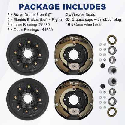 Solidspare 8 on 6.5" Bolt Circle Hub Drum Kits w/ 12" x 2" LH&RH Electric Brake for 7000lbs