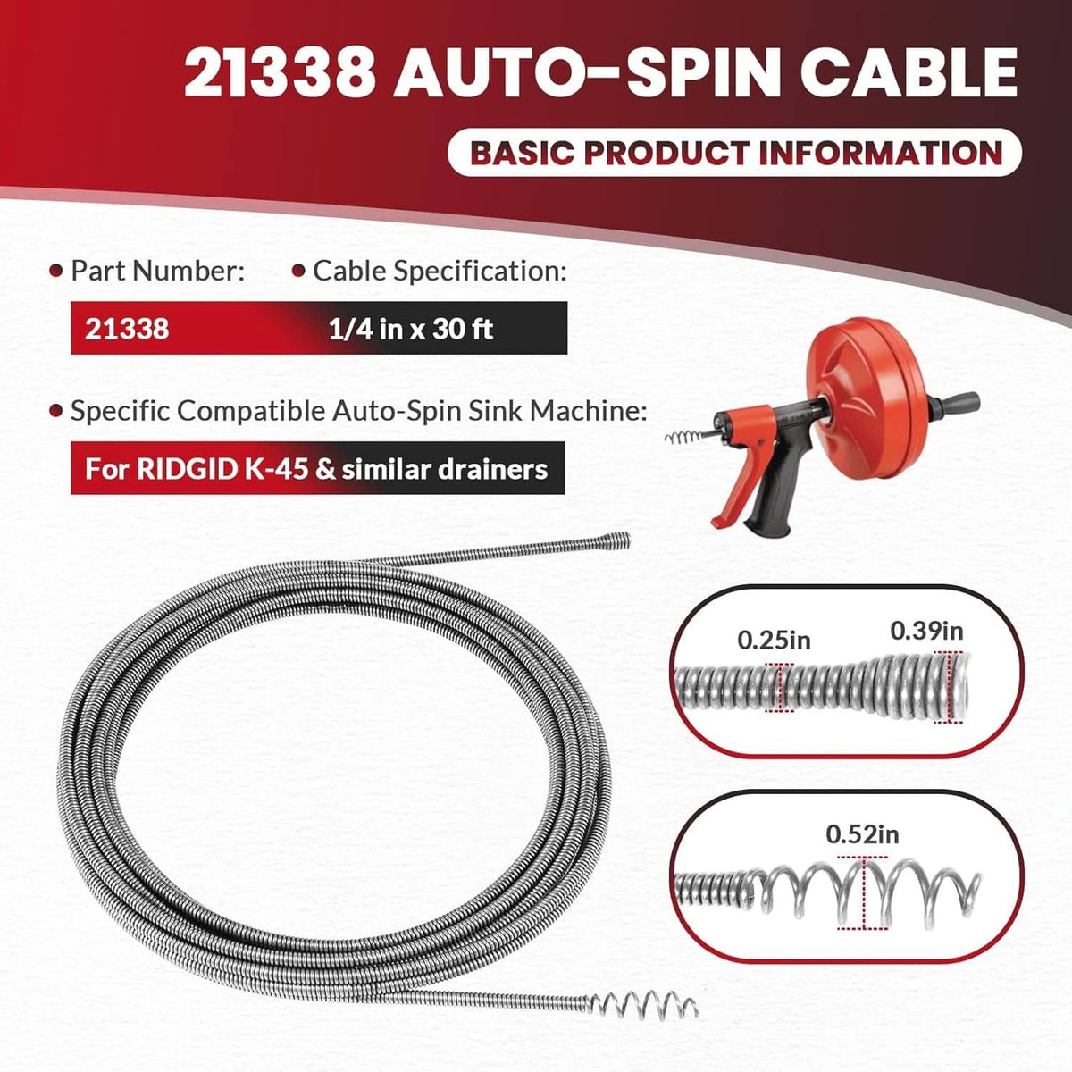 Solidspare 21338 Auto-Spin Replacement Drain Cable 1/4” x 30 ft Fit for RIDGID K-45