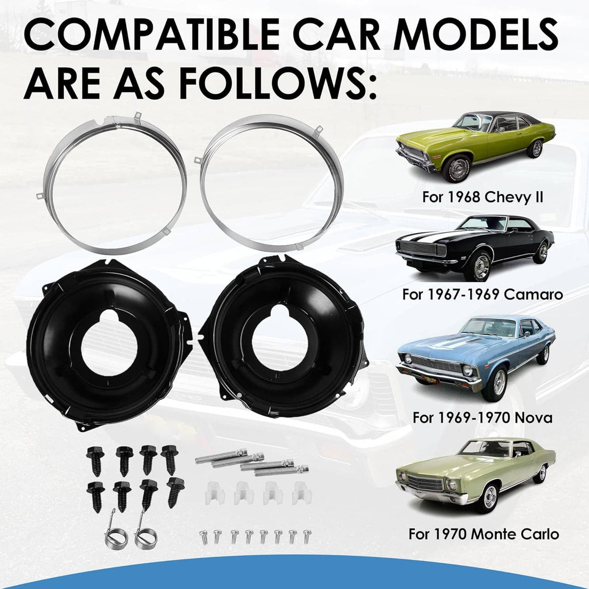 Solidspare Headlamp Retaining Ring Mounting Bucket Kit w/ hardware Camaro Nova rings 28pcs