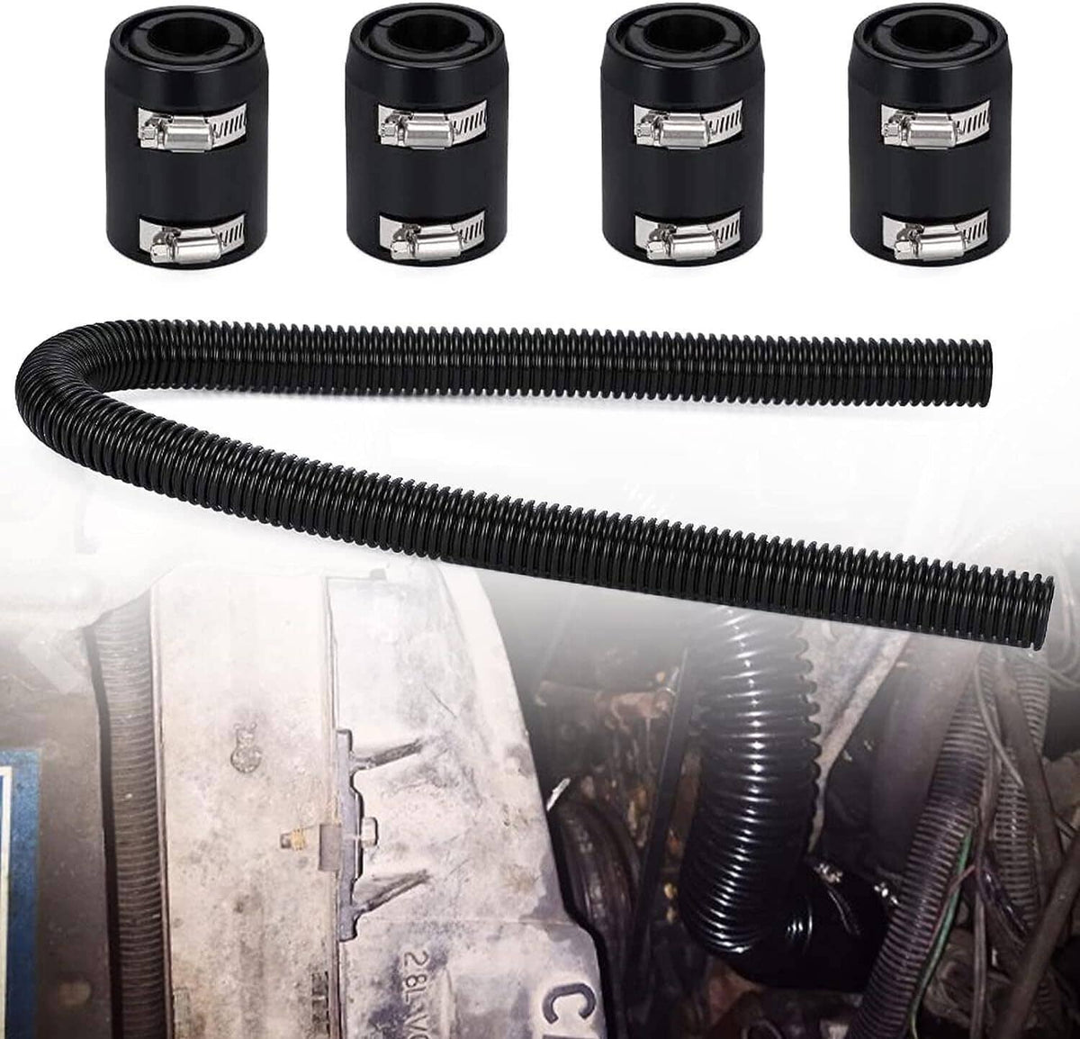 Solidspare 48" Stainless Steel Radiator Flexible Coolant Water Hose w/ Caps Kit Universal