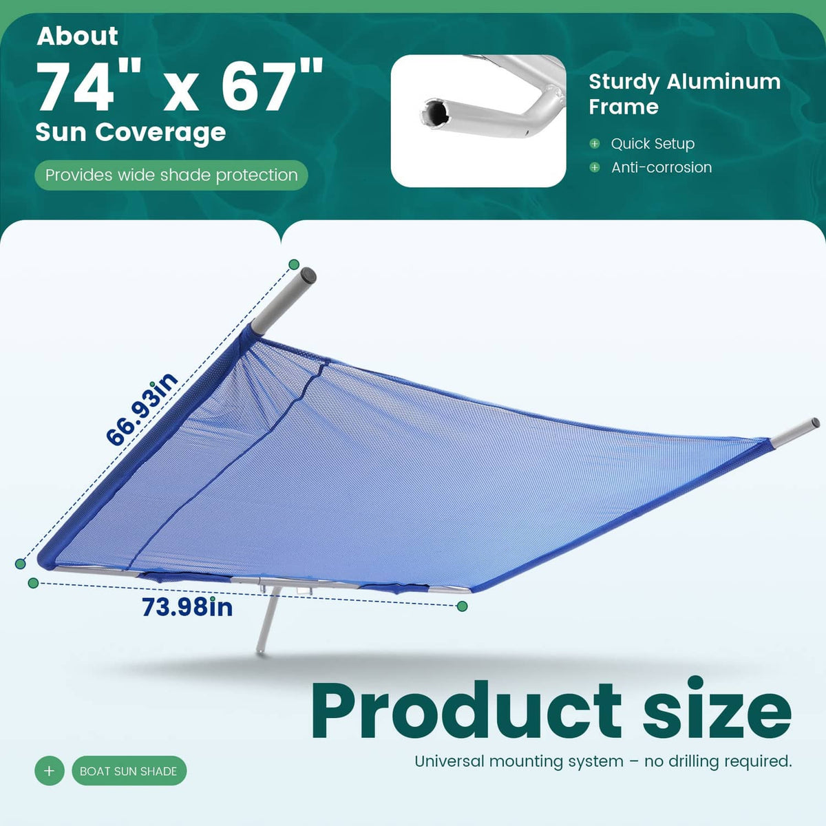 Solidspare Silvery+Blue Boat Sun Shade For Boats 25 FT And Under Aluminium Powder Coated