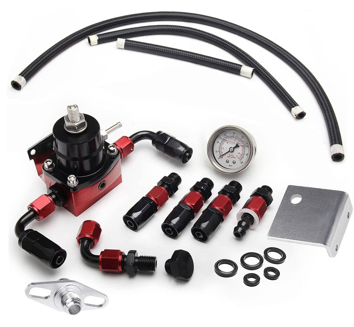 Solidspare New Adjustable Fuel Pressure Regulator Kit Oil 0-100psi Gauge -6AN Black & Red