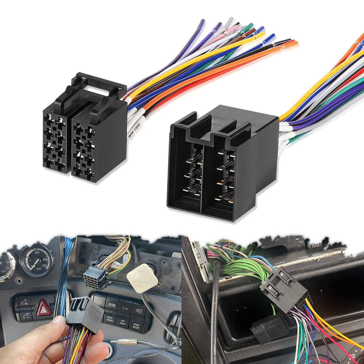 Solidspare 16 Pin Radio ISO Wire Harness Adapter For Peterbilt Freightliner Semi Truck Pair