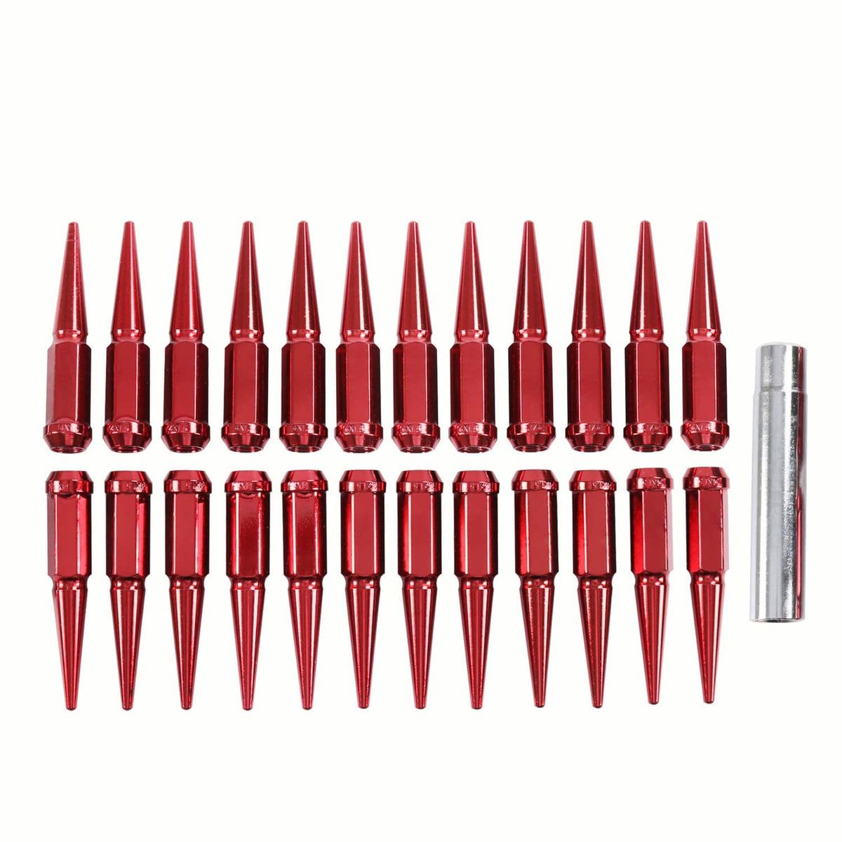 Solidspare 24 PCS Spike Lug Nuts 14x1.5 Red For Chevy Silverado Tahoe 4.4" Tall W/ Key