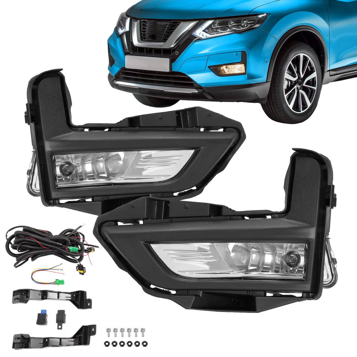 Solid Spare For 2017-2020 Nissan Rogue S SL SV Front Bumper Fog Lights Lamps w/Bezel+Bulbs