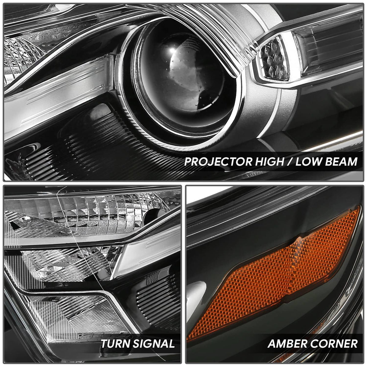 Solidspare Black Pair Housing Amber Corner Projector Headlight For 2013-2019 Ford Taurus