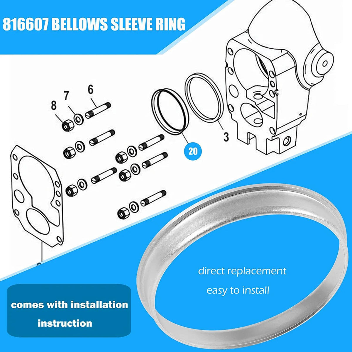 Solid Spare 816607 Bellows Sleeve Ring for Mercrusier Alpha One Gen II/2 1991 and Up 18-1728
