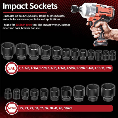 Solid Spare 3/4" Drive Deep Impact Socket Set 27Pcs SAE 7/8"-2" Metric 22-50 MM Standard Kit