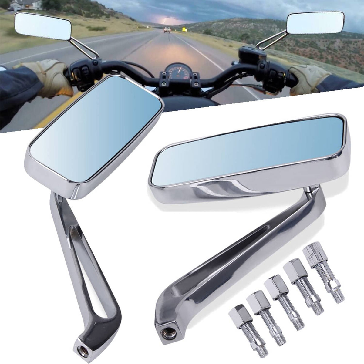 Solidspare Rectangle Chrome Rear-View Mirrors Fit For Harley Road Glide Touring Road King