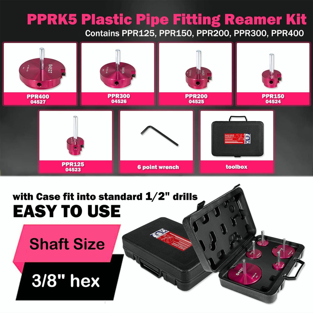 Solidspare 04520 for PPRK5 Plastic Pipe Fitting Reamer Kit fit into standard 1/2" drills