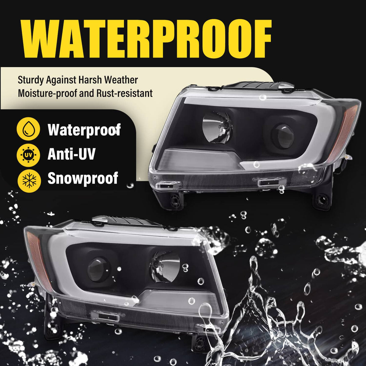 Solid Spare For Jeep Grand Cherokee 2011 2012 2013 LED DRL Projector Headlights Black Pair
