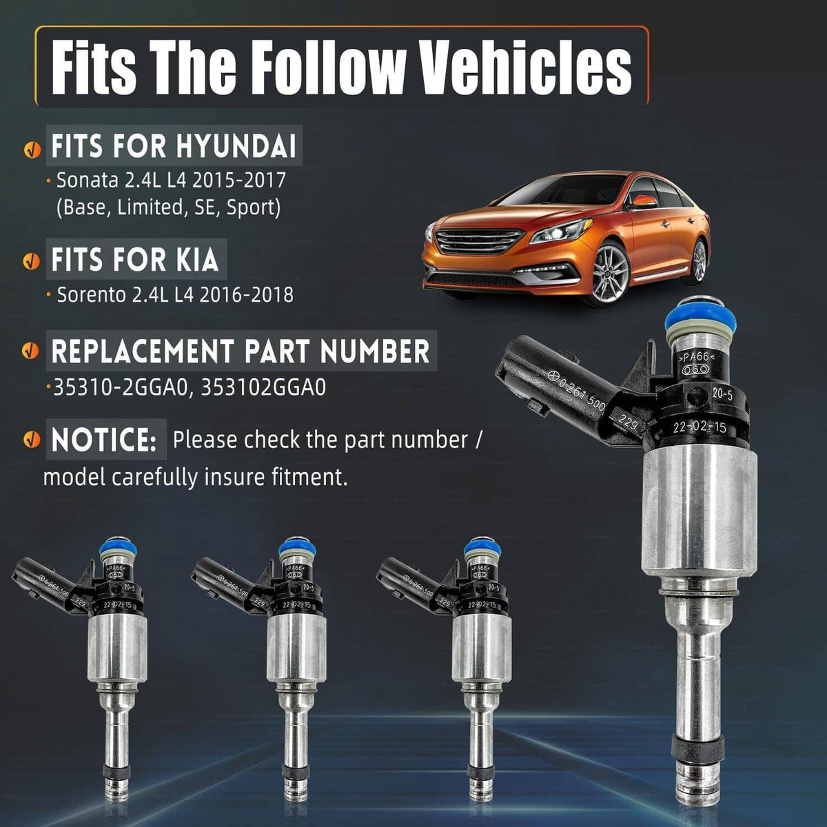 Solidspare 4x Fuel Injector 35310-2GGA0 For 2015-2017 Hyundai Sonata 2016-2018 Kia Sorento