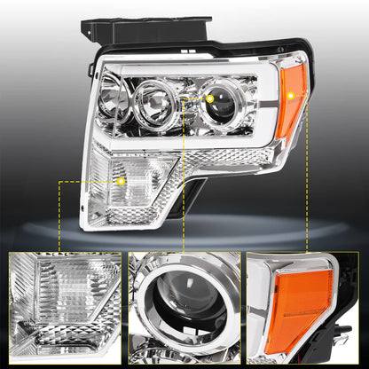 Solid Spare Projector Headlight Assembly Fit Ford F150 F-150 2009-2014 Chrome DRL LED Tube