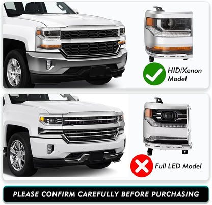 Solidspare Pair Chrome Headlights For 2016-2018 Chevy Silverado 1500 HID/Xenon Headlamps
