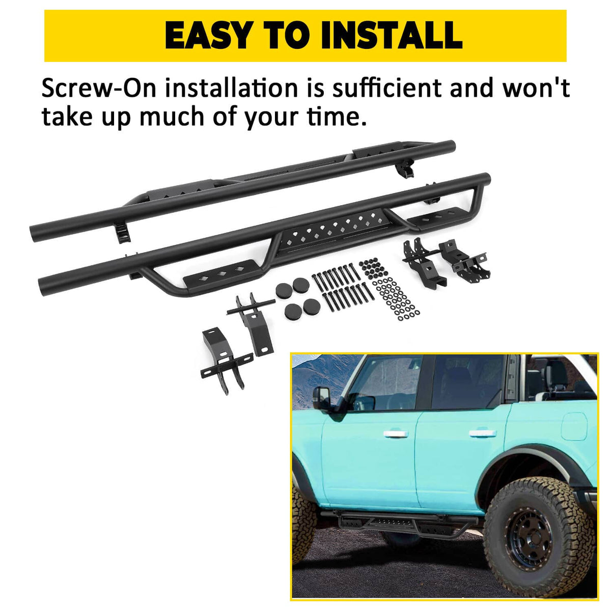 Solid Spare Fits 2021-2024 Ford Bronco 4 Door Side Steps Running Boards Nerf Bars Textured
