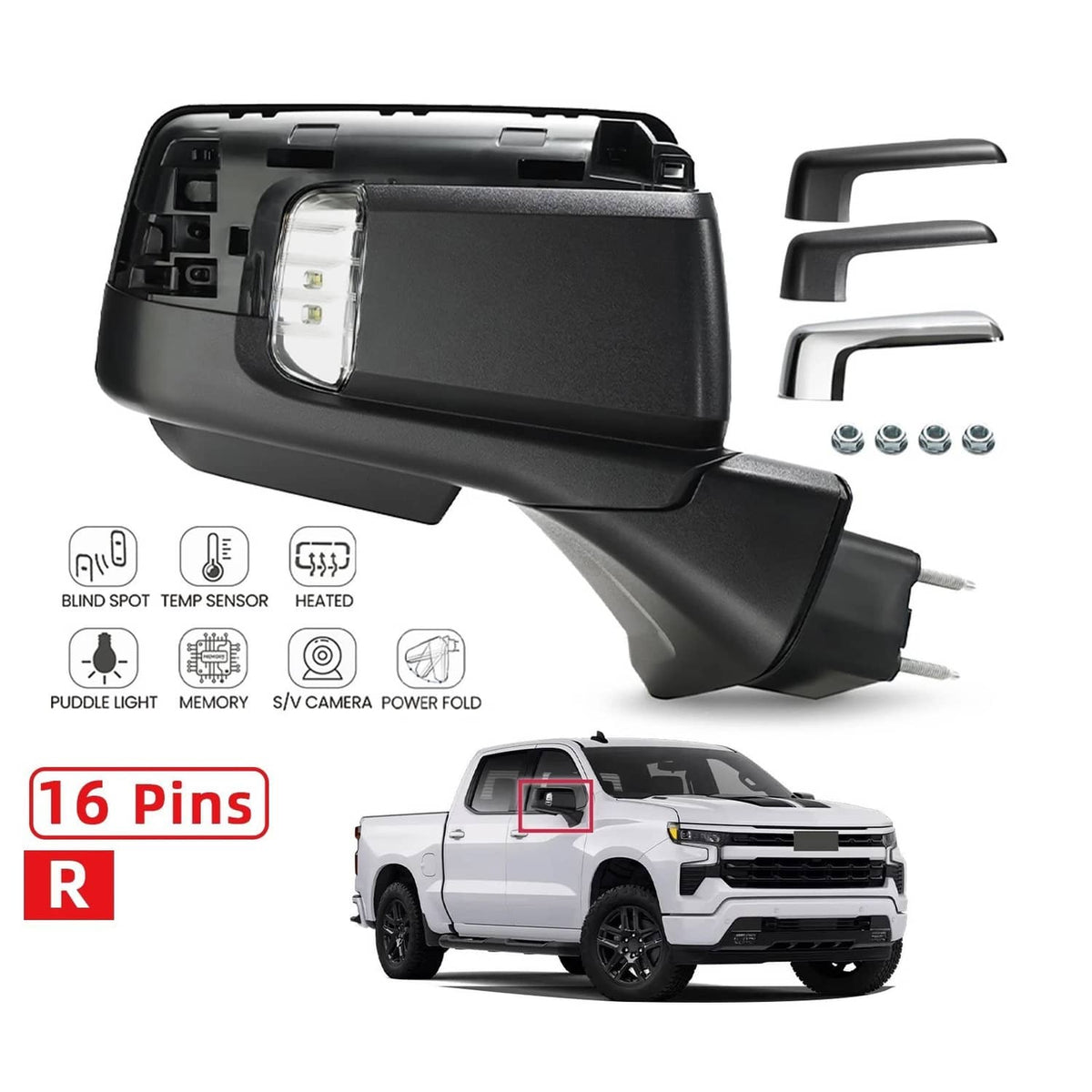 Solidspare Passenger Side Mirror W/Camera BSD Heated 16Pin For 2019-24 Chevy Silverado 1500
