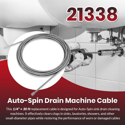 Solidspare 21338 Auto-Spin Replacement Drain Cable 1/4” x 30 ft Fit for RIDGID K-45