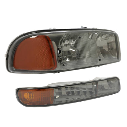 Solid Spare Chrome Headlights+Bumper Lamp Smoke Lens For GMC Sierra 1500 Yukon XL 1999-2007