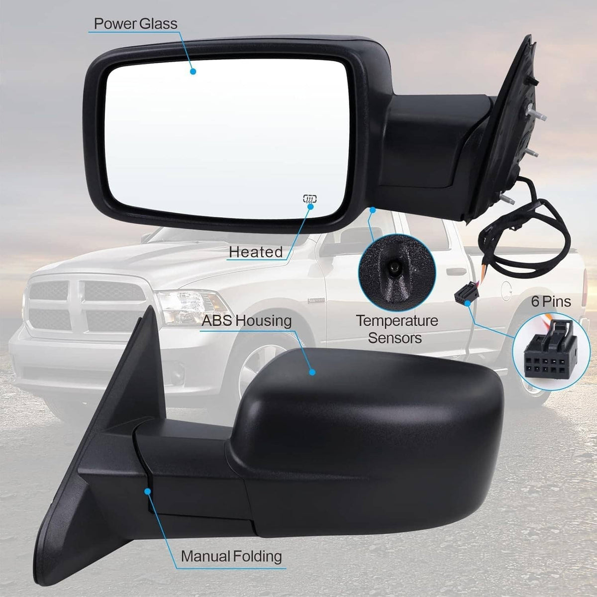 Solidspare Left/Driver Manual Fold & Heated & Temp Sensor Mirror For 2013-19 Dodge Ram 1500