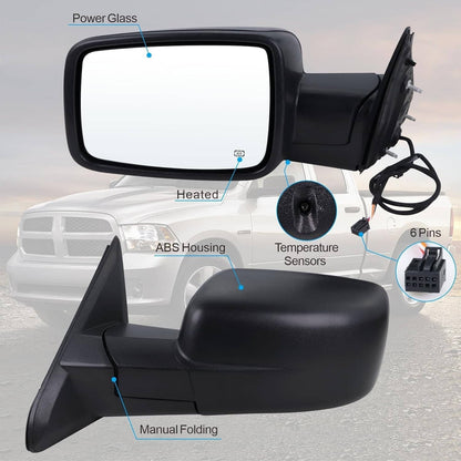 Solidspare Left/Driver Manual Fold & Heated & Temp Sensor Mirror For 2013-19 Dodge Ram 1500