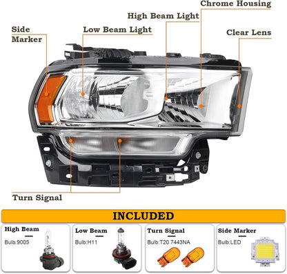 Solidspare For 2019-2024 Ram 2500 3500 Halogen Chrome Headlight Assy Right Passenger Side