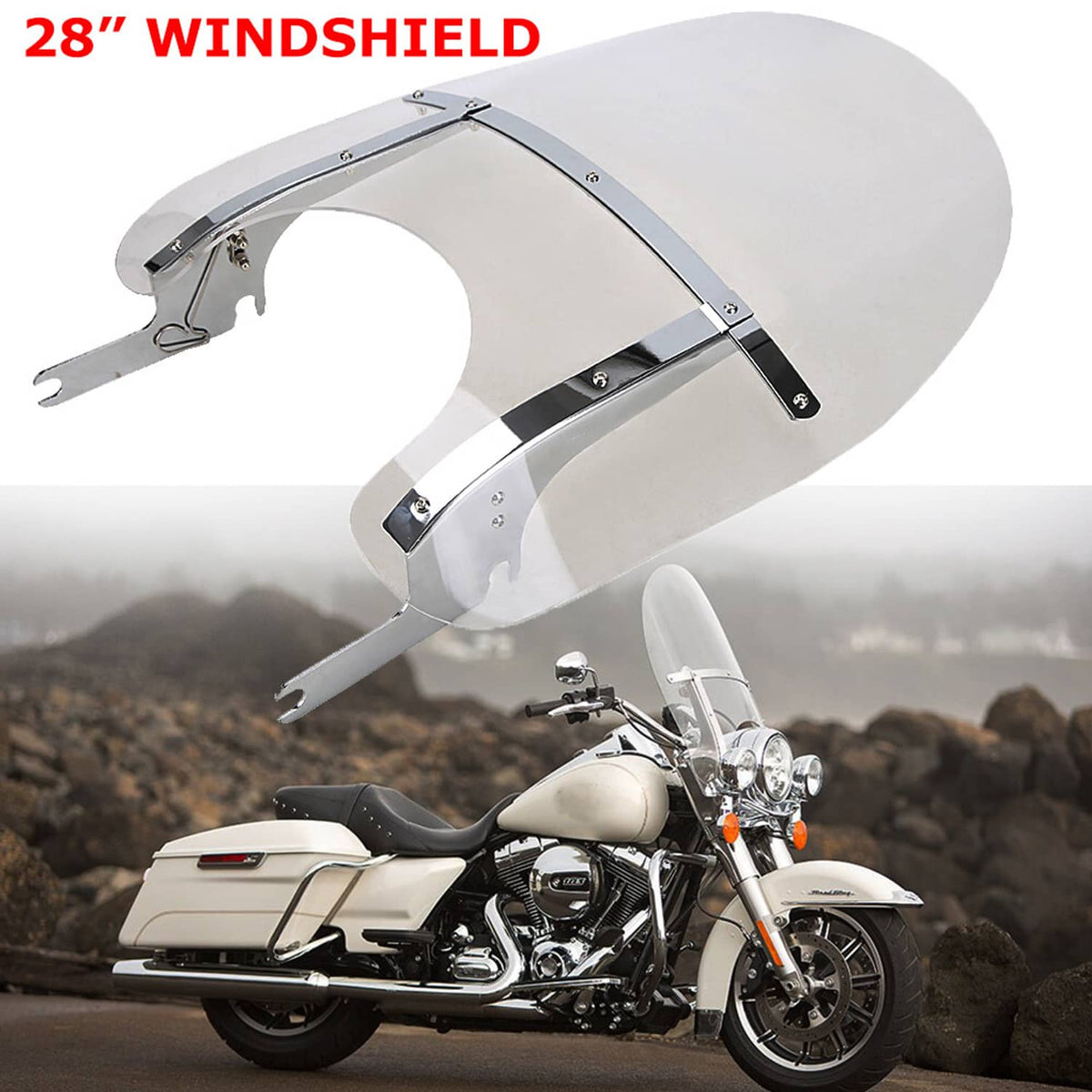 Solidspare 28'' x 22'' Detachable Quick Release Windshield For Harley Road King 94-24 Clear