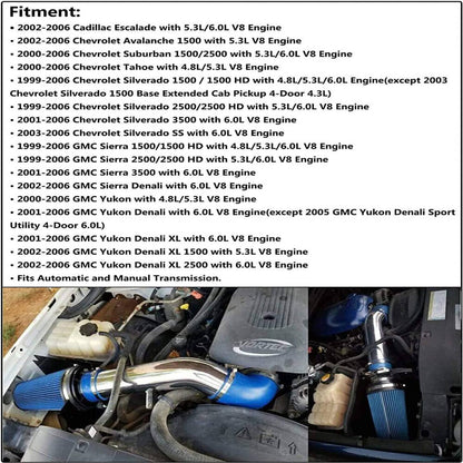 Solidspare 4" Cold Air Intake Kit+Heat Shield Blue For 1999-2007 Chevy GMC V8 4.8/5.3/6.0L
