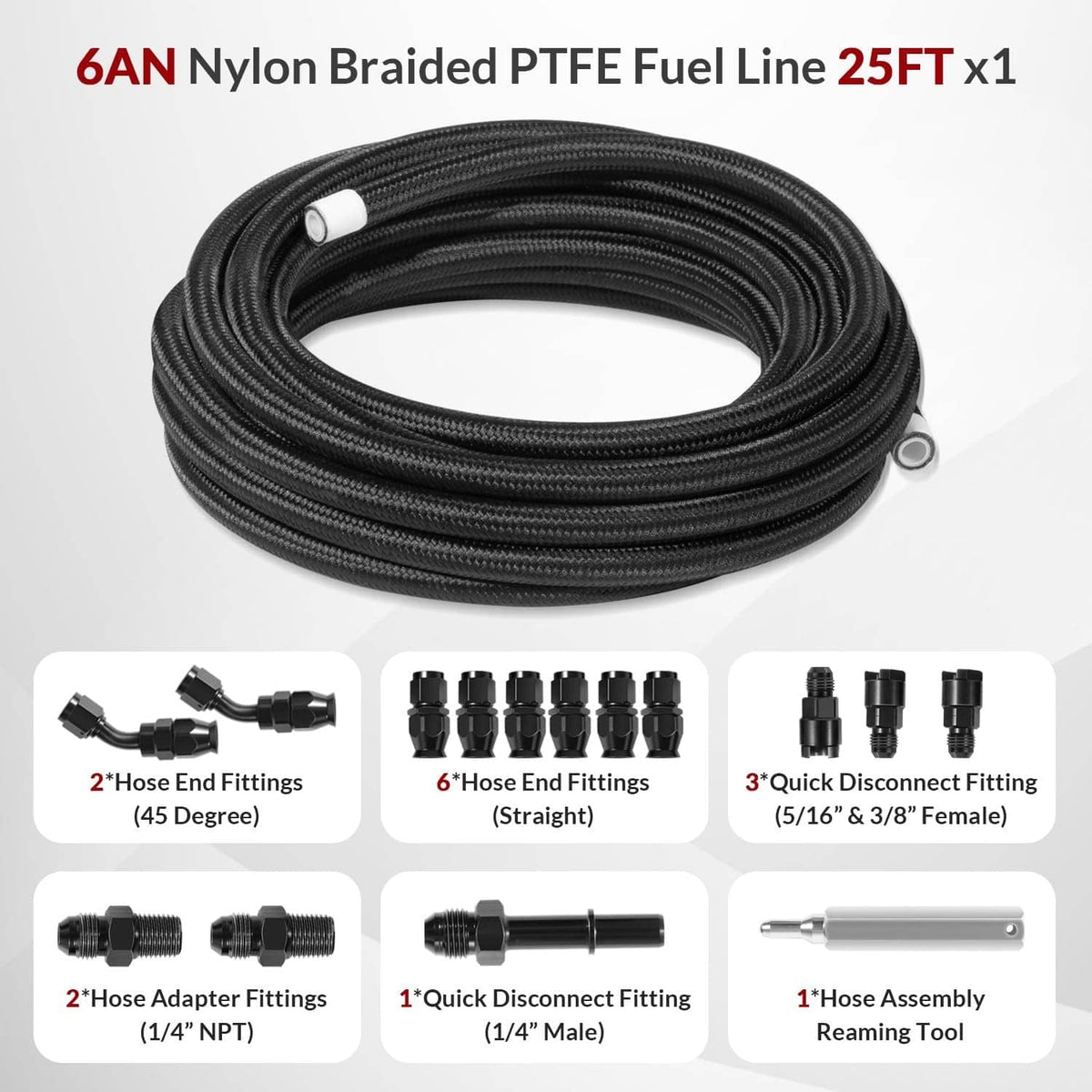 Solidspare 6AN 3/8” PTFE Fuel Line Kit w/Nylon Stainless Braided Fuel Hose 25FT (16Pcs)